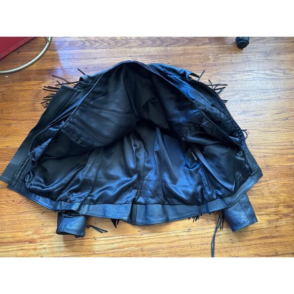 Black Leather Women's Fringe Mororcycle Jacket, Size XL - Picture 5 of 9